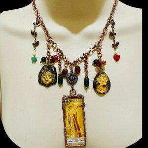 Tiny Art Glass Canvas Glass Pendant Copper Necklace 14th Cen. Italian Noblewoman